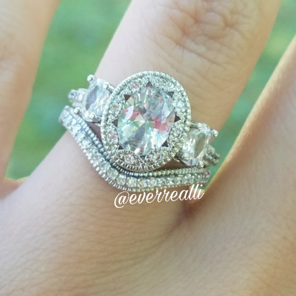 Silver Three Stone Oval Cut Fancy Halo Diamond Ring - Picture 2 of 8